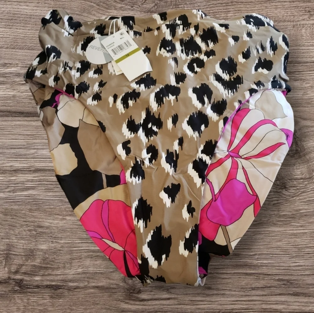 Trina Turk Lynx Reversible Banded High Waisted Cheeky Bikini Bottom Size 14